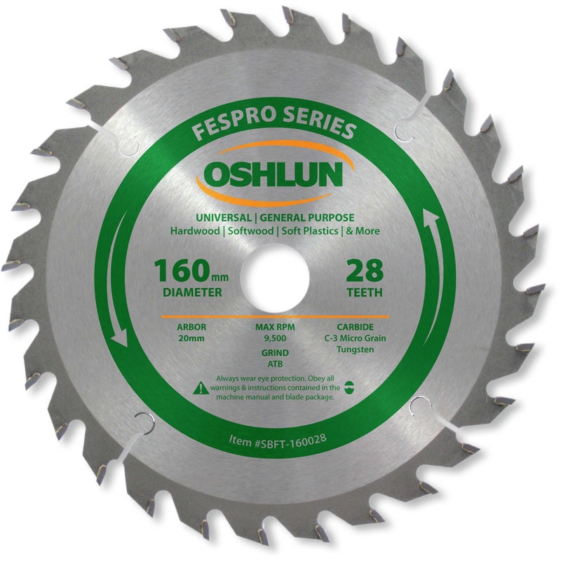 Oshlun SBFT-160028 160mm 28 Tooth FesPro General Purpose ATB Saw Blade with 20mm Arbor for Festool TS 55 EQ, DeWalt DWS520, and Makita SP6000K